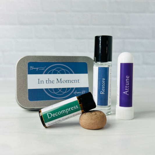 In the Moment aromatherapy kit with Restore roll-on, Attune inhaler, Decompress essential oil blend and clay diffuser stone